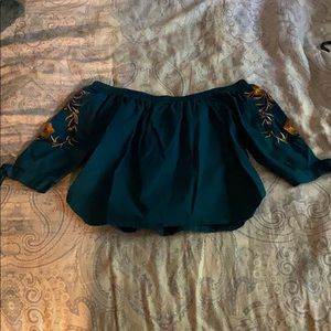 Blue Embroidered Quarter-sleeve Blouse